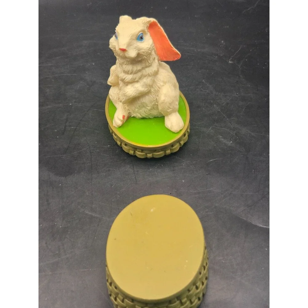 Vintage Bunny Rabbit On Top of a Basket Trinket Box Figurine White Rabbit